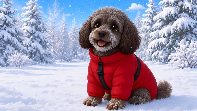 Kayleigh in her red coat with a snowy beard