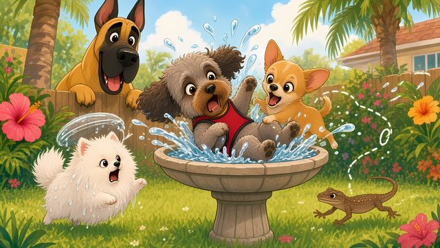 Kayleigh splashing in a birdbath while Pip and Peaches bounce around